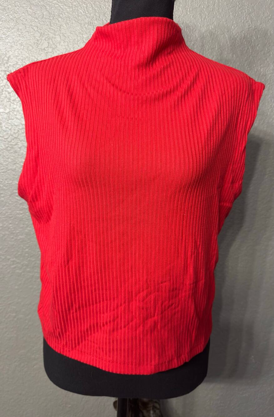 House of Harlow 1960 Womens Sz L Red Sleeveless Ribbed Knit Mock Neck Tank Top